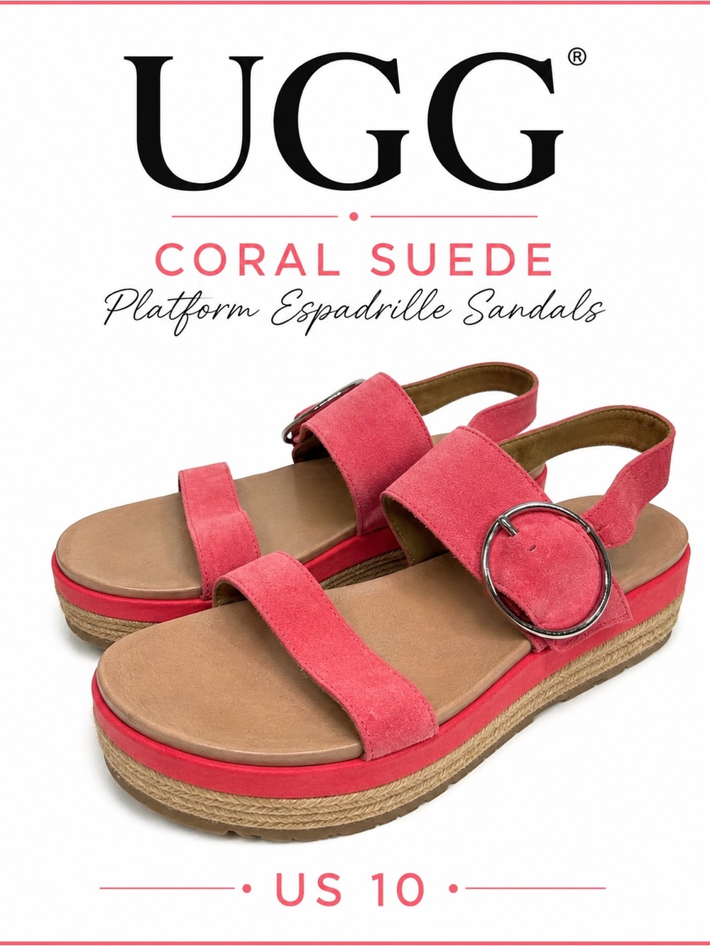 UGG Coral Suede Platform Espadrille Sandals Ring Detail Size 10